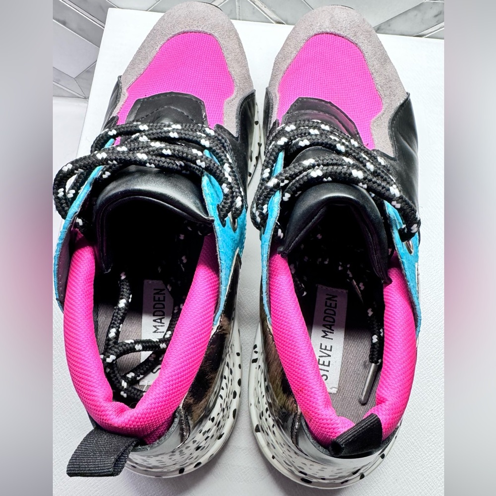 Women’s Steve Madden Cliff Sneakers Pink Turquoise Leopard Gray Bright Multi - Picture 4 of 5